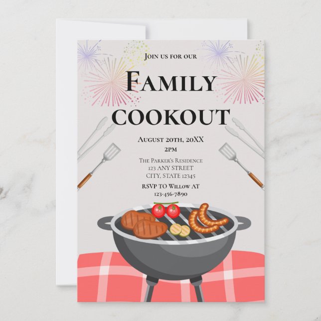 Family Cookout Colorful Fireworks Grilling Party Invitation (Front)
