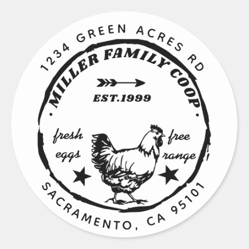 family coop hen fresh eggs return address classic round sticker