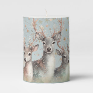 Family Country Painted Winter Woodland Deer Gold Pillar Candle