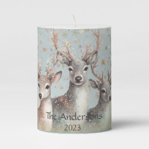Family Country Painted Winter Woodland Deer Gold  Pillar Candle