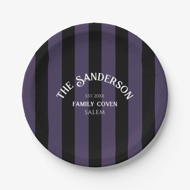 Family Coven Crew Purple Black Stripe Halloween Paper Plates (Front)