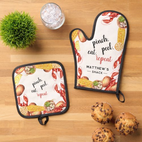 Family Crawfish Boil Cookout Personalized Oven Mitt  Pot Holder Set