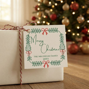 Family Cream Green Red Merry Christmas Wreath Favor Tags