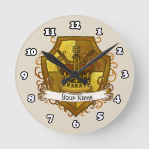Family Crest Crown Surname Round Clock