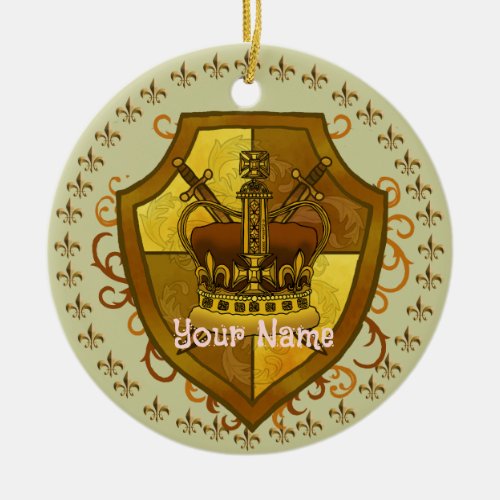  Family Crest Crown Sword Shield Surname ornament