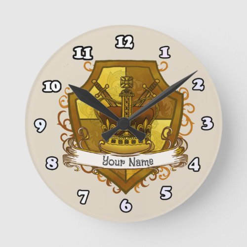 Family Crest Crown Sword Shield Surname Round Clock