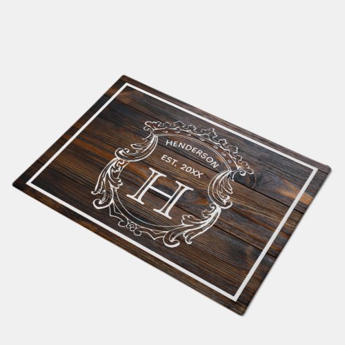 Family Crest Monogram Dark Wood Graphic Door Mat
