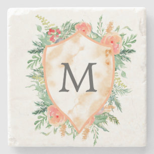 family crest pastel winter floral monogram stone coaster