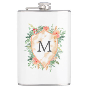 family crest winter floral monogram flask