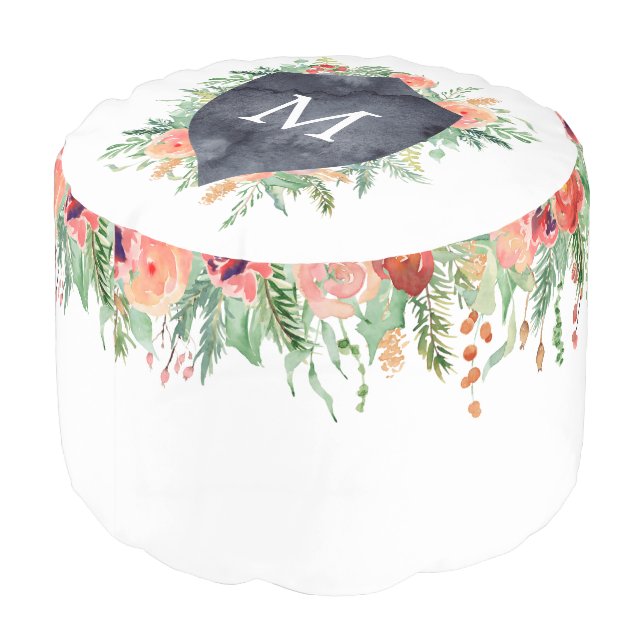 family crest winter floral monogram pouf (Angled Back)