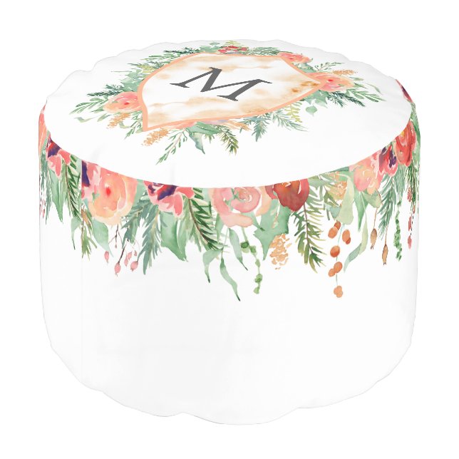 family crest winter floral monogram pouf (Angled Back)