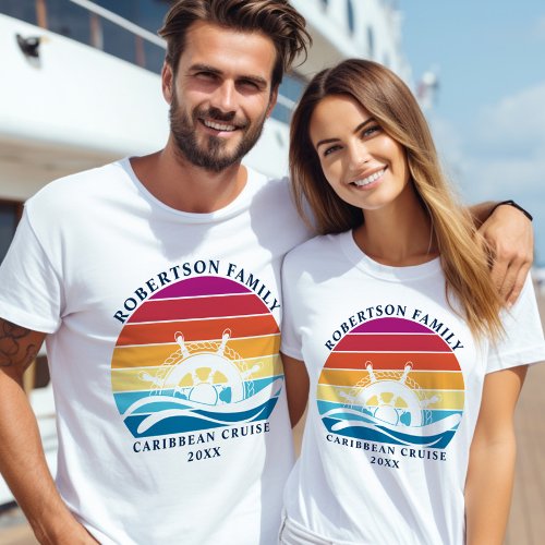 Family Cruise Nautical Ship Wheel Retro Sunset T_Shirt