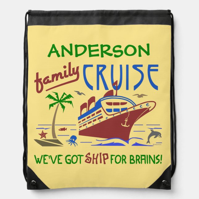 Family Cruise Vacation Funny Ship | Custom Name Drawstring Bag (Front)