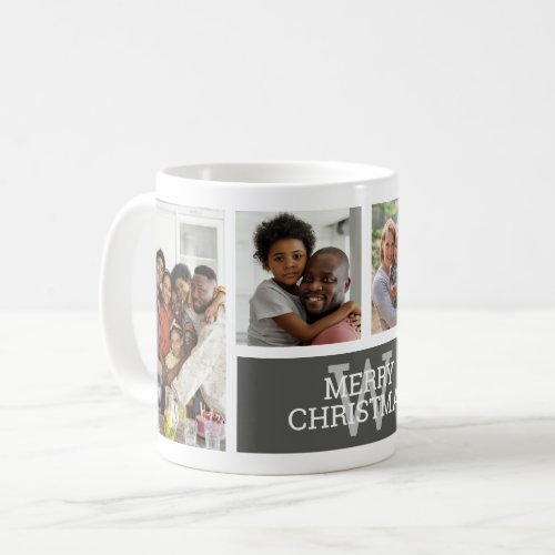 Family Custom 4 Photo Collage Monogram Christmas Coffee Mug
