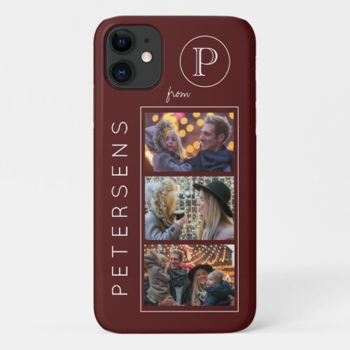 Family custom burgundy photo collage monogrammed iPhone 11 case