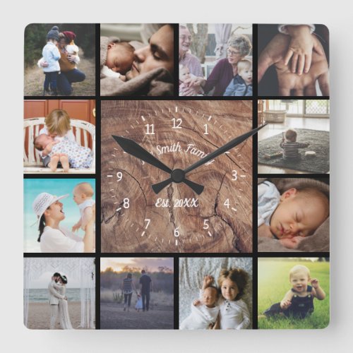 Family custom photo collage personalize wood  square wall clock