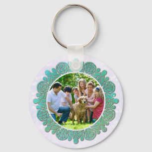 Family Custom Photo with Elegant Turquoise Mandala Keychain