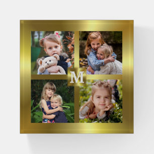 Family Custom Photos Collage Gold Frame Monogram Paperweight