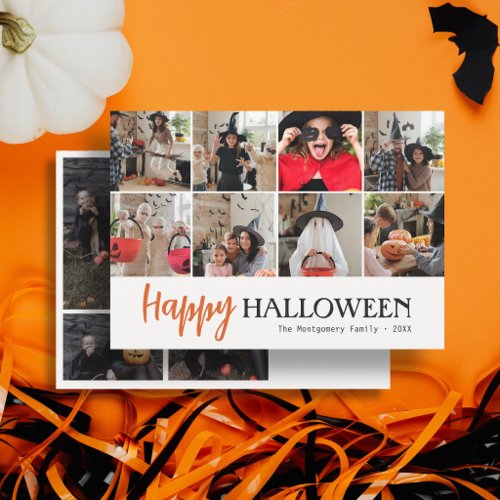 Family Cute Script Happy Halloween 12 Photo White Card