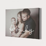 Family cute whimsical script family photo canvas print<br><div class="desc">Showcase your favorite family pictures with this modern print,  with the word Family in a beautiful text overlay. You can easily change the color and size of the text to fit your picture.</div>