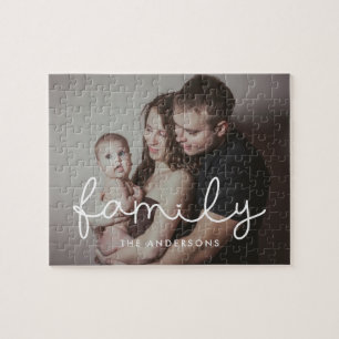Family cute whimsical script family picture jigsaw puzzle