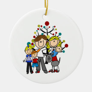 Family Dad Mom Girl Boy Baby Gray Dog Ceramic Ornament