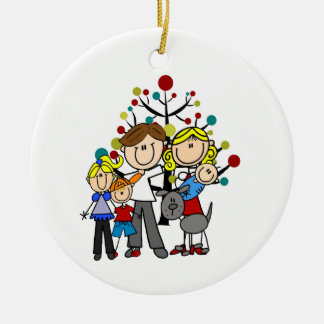 Family Dad Mom Girl Boy Baby Gray Dog Ceramic Ornament