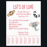Family Daycare Safari Theme Tearaway Flyer<br><div class="desc">A cute flyer for your daycare business,  this design features a cute monkey,  panda,  and elephant on the front set upon a white background.  Use the built in templates to personalize your information.   Place your order for these daycare flyers today!

Animal clipart created by: AMBillustrations 
http://www.etsy.com/shop/AMBillustrations/</div>