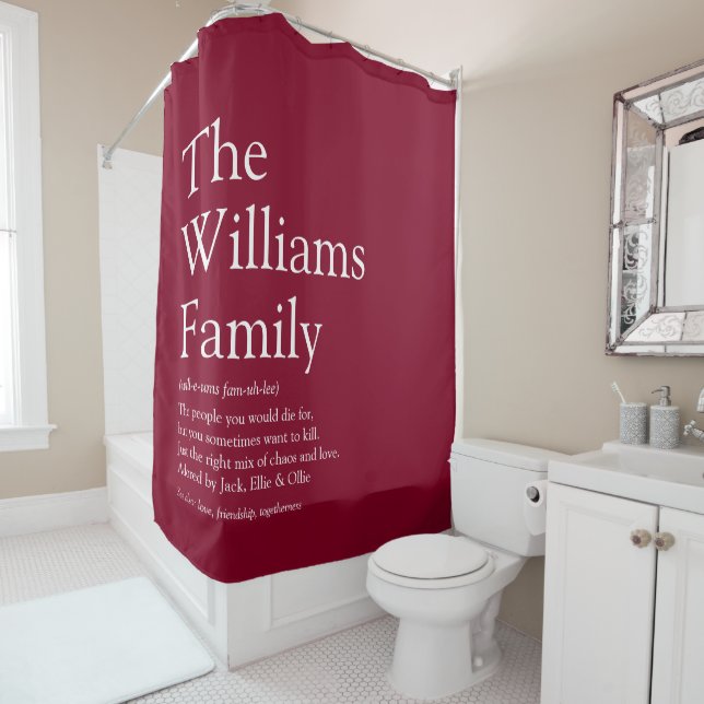 Family Definition Fun Burgundy Modern Shower Curtain (In Situ)