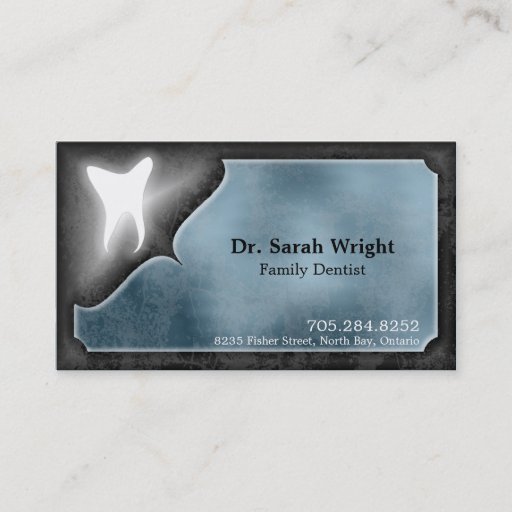 Customizable Family Dentist Business Card Glowing Tooth Blue