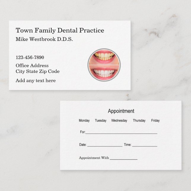 Family Dentist Office Appointment Template Business Card (Front/Back)