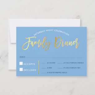 FAMILY DINNER RSVP faux gold type cornflower blue