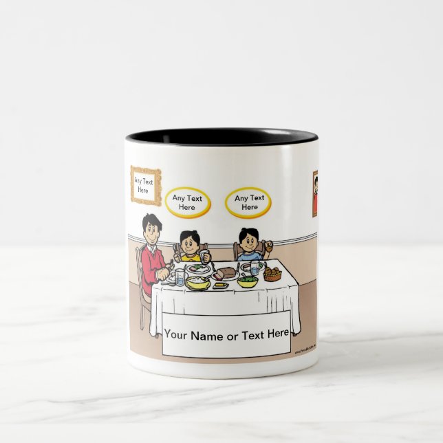 Family Dinner, Single Dad, 2 Boys Cartoon  Two-Tone Coffee Mug (Center)