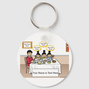 Family Dinner, Single Dad, 2 Girls Cartoon Keychain