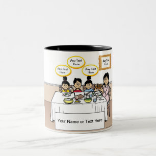 Family Dinner, Single Mom, 1 Boy, 2 Girls Cartoon Two-Tone Coffee Mug