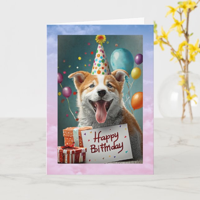 Family Dog Birthday, 5" x 7" Folded Card (Yellow Flower)