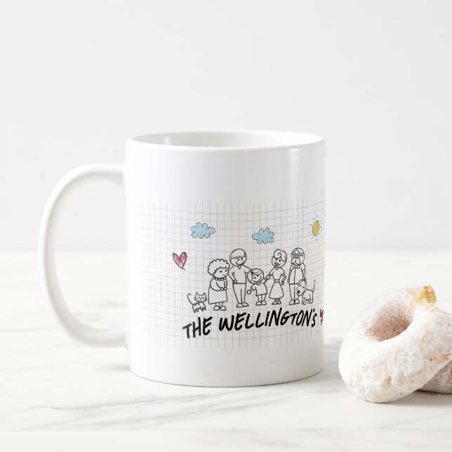 Family Doodle Cute Kids Hand Drawing Coffee Mug (With Donut)