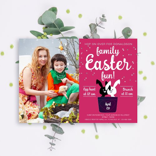 Family Easter Bunnies Party Magenta Photo Invitation