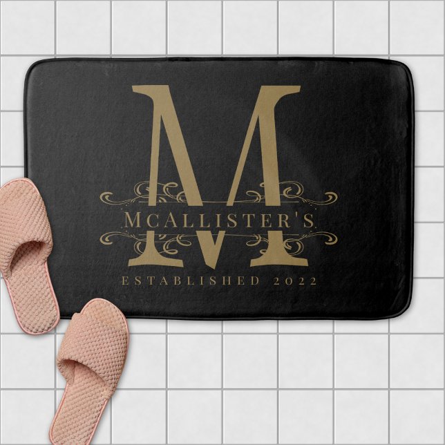 Family Elegant Gold Monogram Black  Bath Mat (Family Monogram Elegant Black Gold Classy Bath Mat)