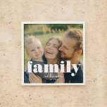 Family Elegant Simple Peel And Stick Photo Tile<br><div class="desc">Transform your home into a gallery of cherished memories with our Personalized Peel & Stick Wall Art, featuring your family’s most beloved photo. Overlaying the image is the elegant and bold heading “Family” in a sophisticated serif font, with your family name proudly displayed beneath it. This piece isn’t just wall...</div>