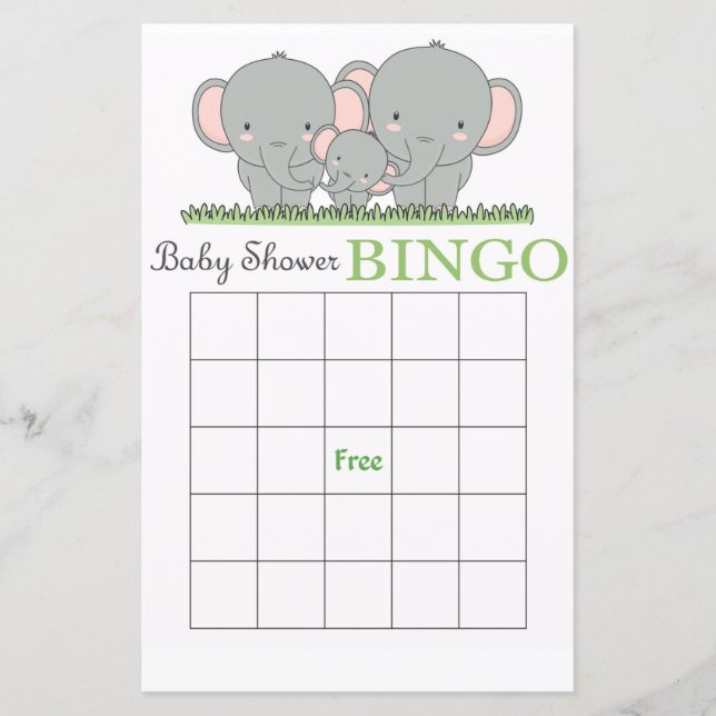 Family elephant baby shower bingo card (Front)