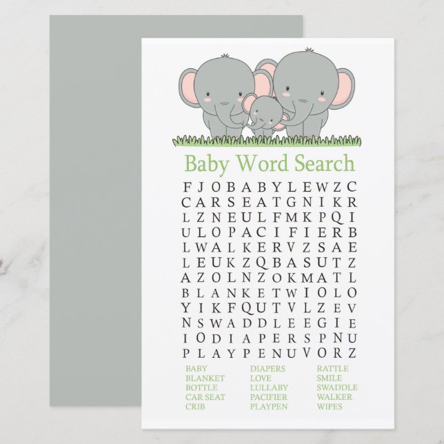 Family elephant Baby Shower Word Search Game (Front/Back)