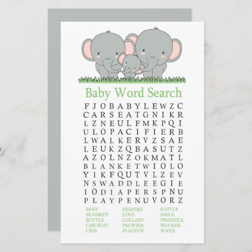 Family elephant Baby Shower Word Search Game