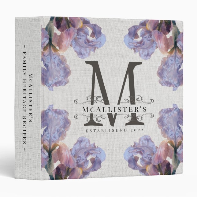 Family Established Monogram Purple Floral Recipe 3 Ring Binder (Front/Spine)