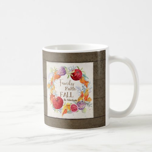 Family Faith Fall w Name Autumn Wreath Watercolor Coffee Mug