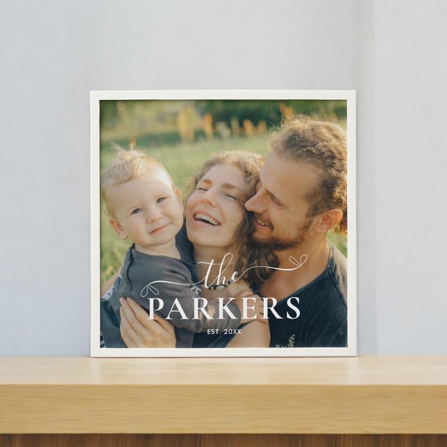 Family Fancy Heart Script Simple Peel And Stick Photo Tile (Creator Uploaded)