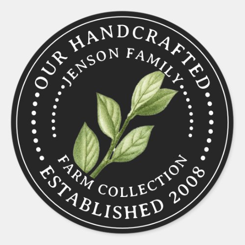 Family Farm Label with Herb Leaves on Black Logo 