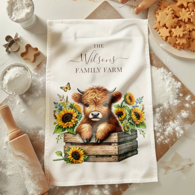 Family Farm Rustic Sunflower Highland Cow Kitchen Towel (Creator Uploaded)
