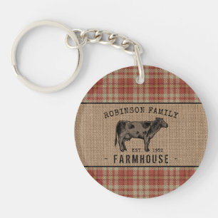 Family Farmhouse Cow Red Plaid Burlap 2 Sided Keychain