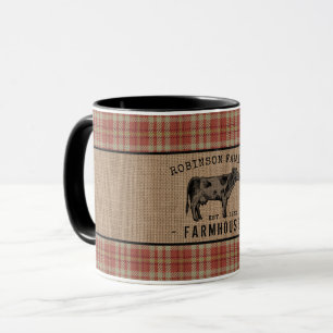 Family Farmhouse Cow Red Plaid Burlap 2 Tone Mug